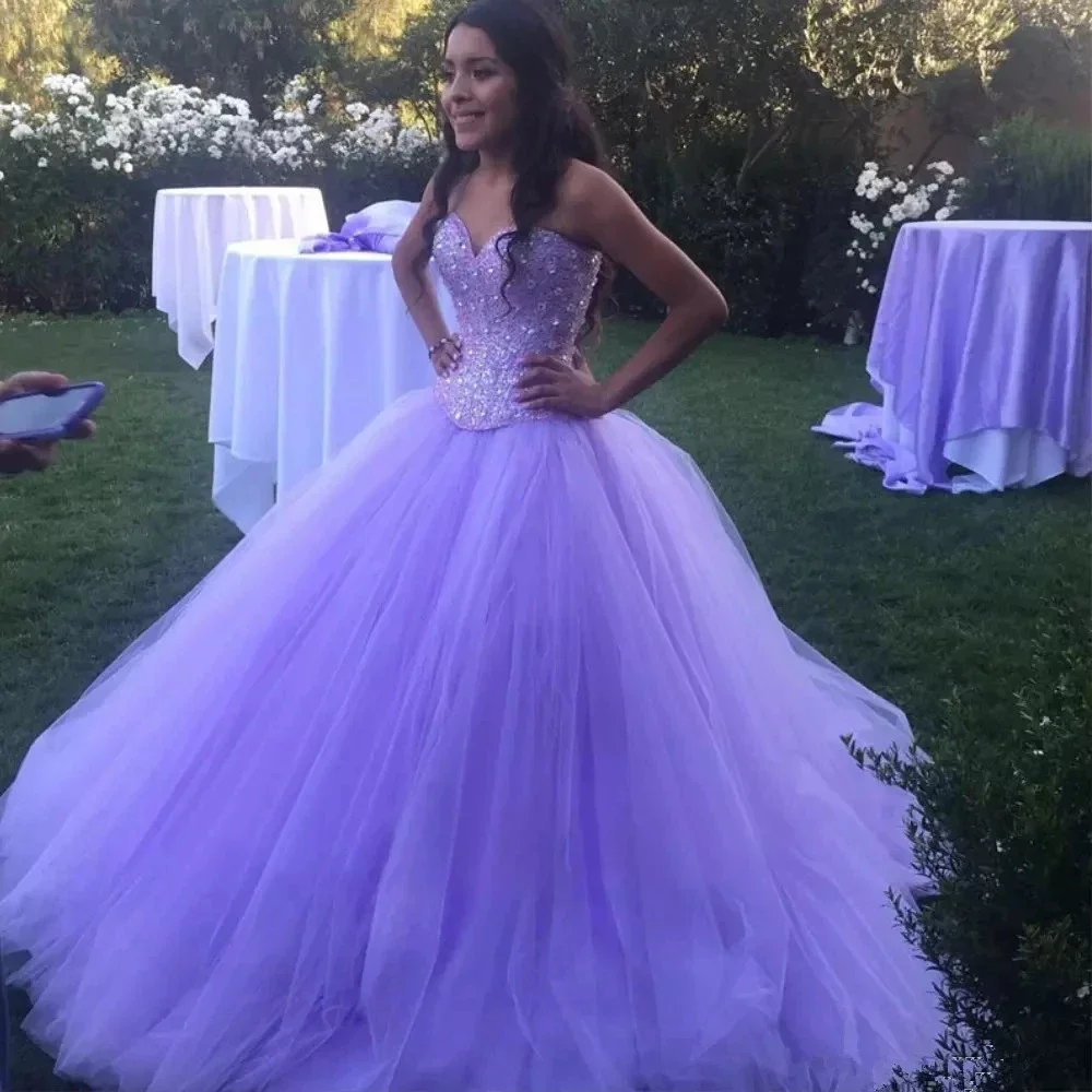 

Сиреневое милое платье для Quinceanera, платья для 15 лет, блестящее платье Золушки с кристаллами и бисером для вечеринки на день рождения