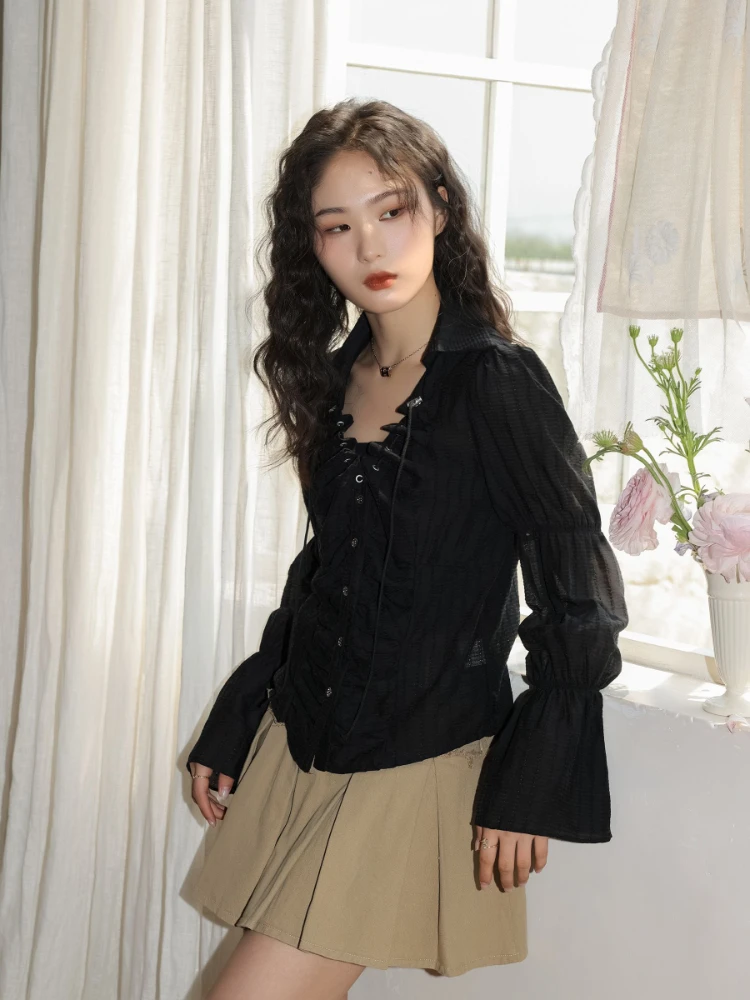 Y2k Aesthetic Pleated Black Women Blouse Flare Sleeve Slim Grunge Waist Tunic Fairy Blusas Solid Drawstring Streetwear Shirts