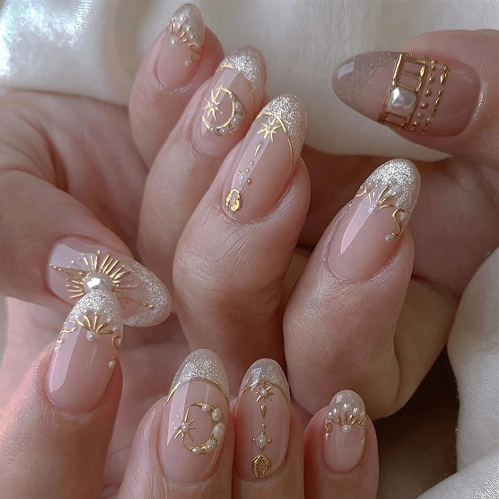 

Gold Sun Star Moon Totems Silver Cat Eye French Nail Art Pearl Fashion Fake Nails Detachable Finished False Nails Press on Nails