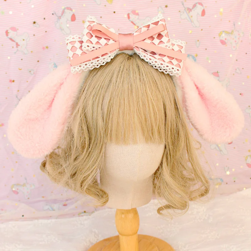 Kawaii Lolita Hair Accessories Cute Cartoon Cat Ears Pink Sweet Bow Headwear Anime Cosplay Accessories Plush Hairband for Girls