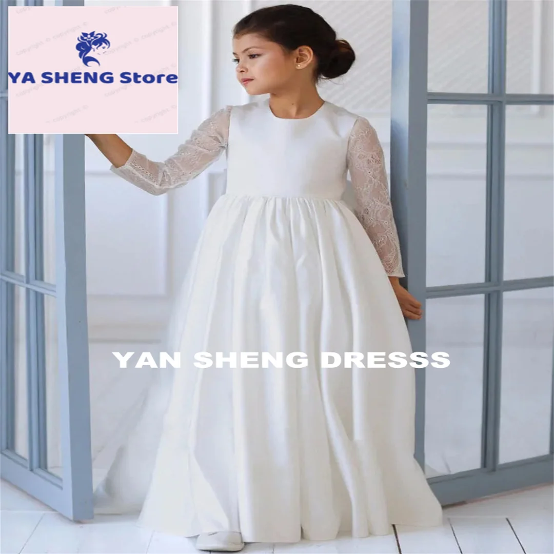 Customized Flower Girl Dresses White Tulle Appliques Long Sleeve For Wedding Birthday Prom Banquet Holy Communion Gowns