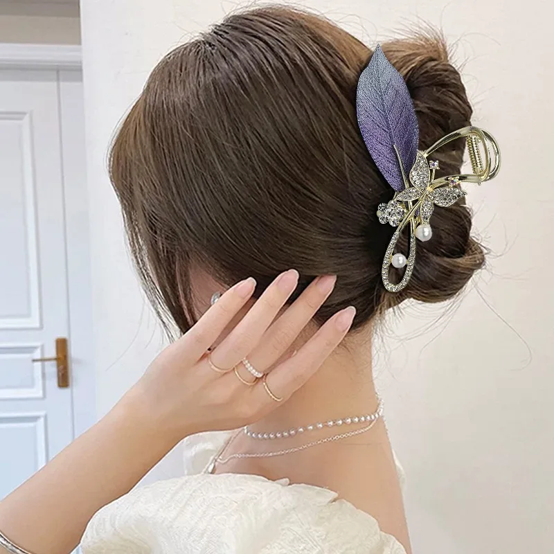 Large Leaf Size  butterfly trendy Crab hair clips accessories for women alloy inlay rhinestones claw clip girls hair pins