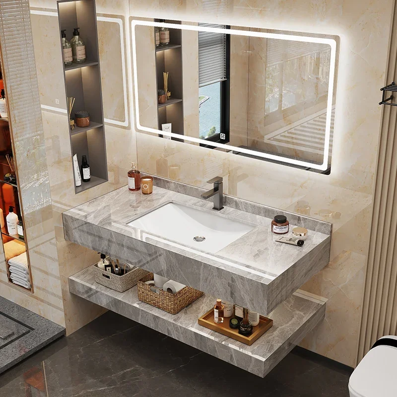 Hotel simple glossy rock slab washbasin toilet waterproof bathroom cabinet combination washbasin full set
