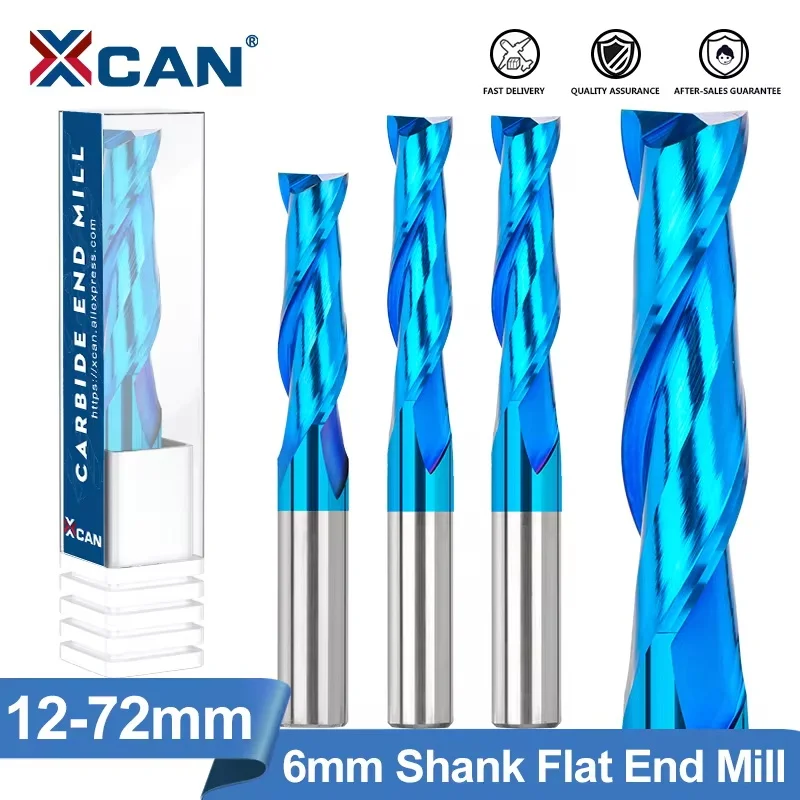 XCAN Flat End Mill 6mm Shank Nano Blue Coated 2 Flute Spiral Milling Cutter Carbide Router Bit CNC End Milling Bit