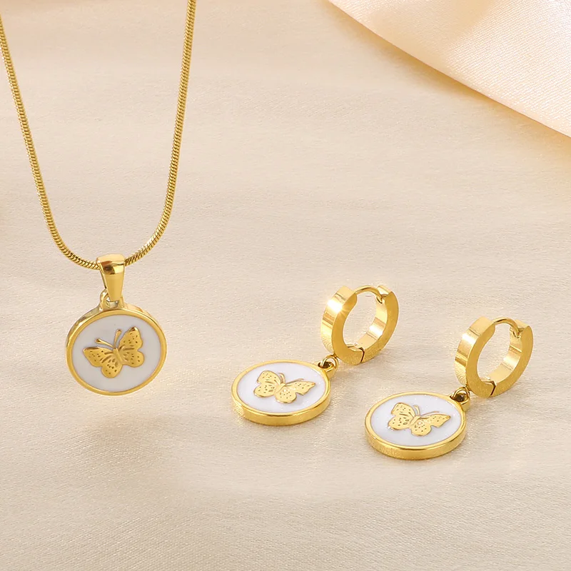 2pcs/set Butterfly Earrings Necklace Stainless Steel For Women Girl Fashion Eardrops Gold Color Jewelry Sets Wedding Party