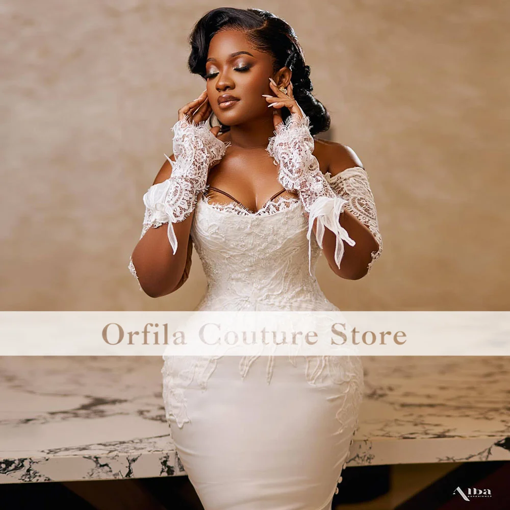 African Women Mermaid Wedding Dresses Off Shoulder Lace Applique Aso Ebi Bridal Gowns With Detachable Train Customized