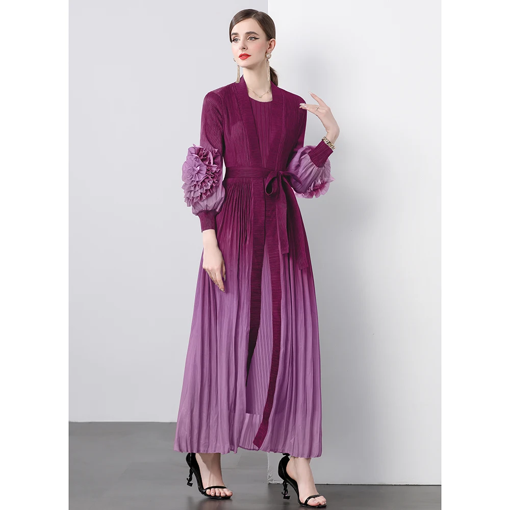 Miyake Dress Gradient Floral Lace Up Jacket+versatile Artistic Straight Tube Skirt Pleated Loose Women\'s Clothing Robe 2024