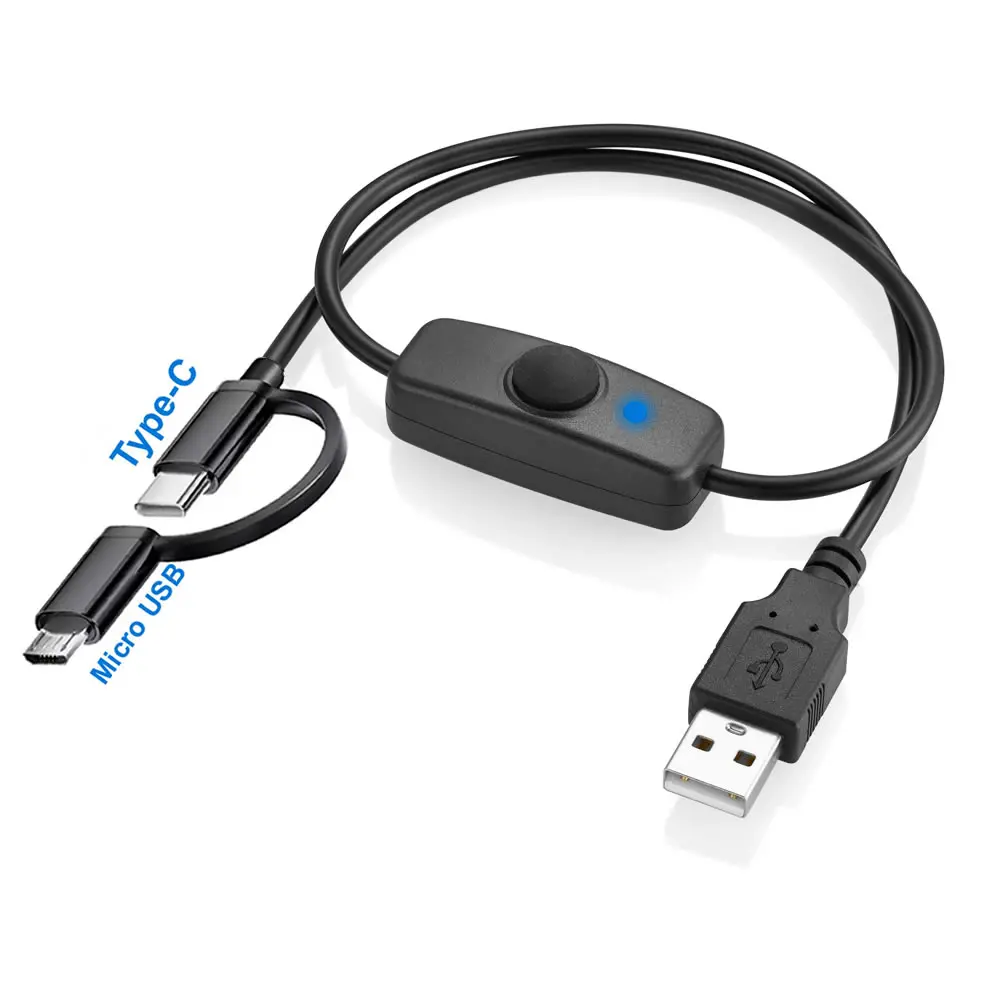 كابل شحن USB صغير 2 في 1 من النوع C / مع مفتاح تشغيل وإيقاف، سلك إمداد الطاقة من النوع C لمروحة USB، شرائط LED، مصباح مكتبي، شريط LED