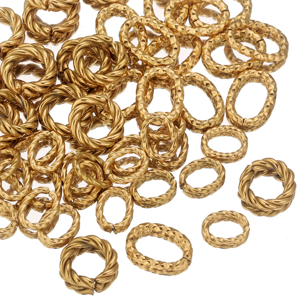 20pcs Gold Stainless Steel Twist Texture Oval Circle Rings Jump Rings Open Split Ring Connectors for DIY Jewelry Making Supplies