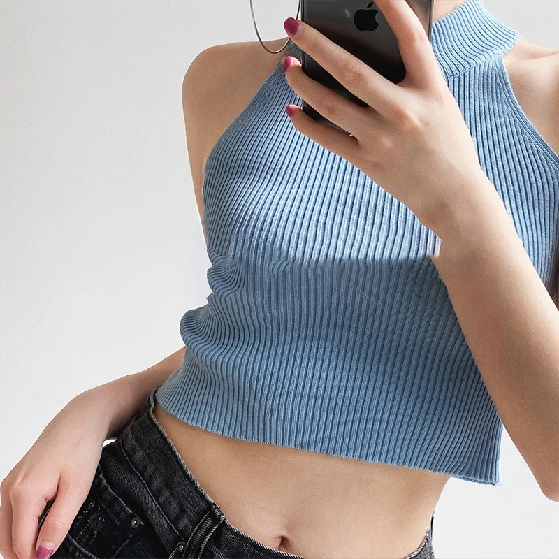 Casualowa koszulka bez rękawów z dzianiny bez rękawów damska letnia luksusowy styl Y2k koreańska szyja Slim Fit Crop Top w stylu ulicznym 2023