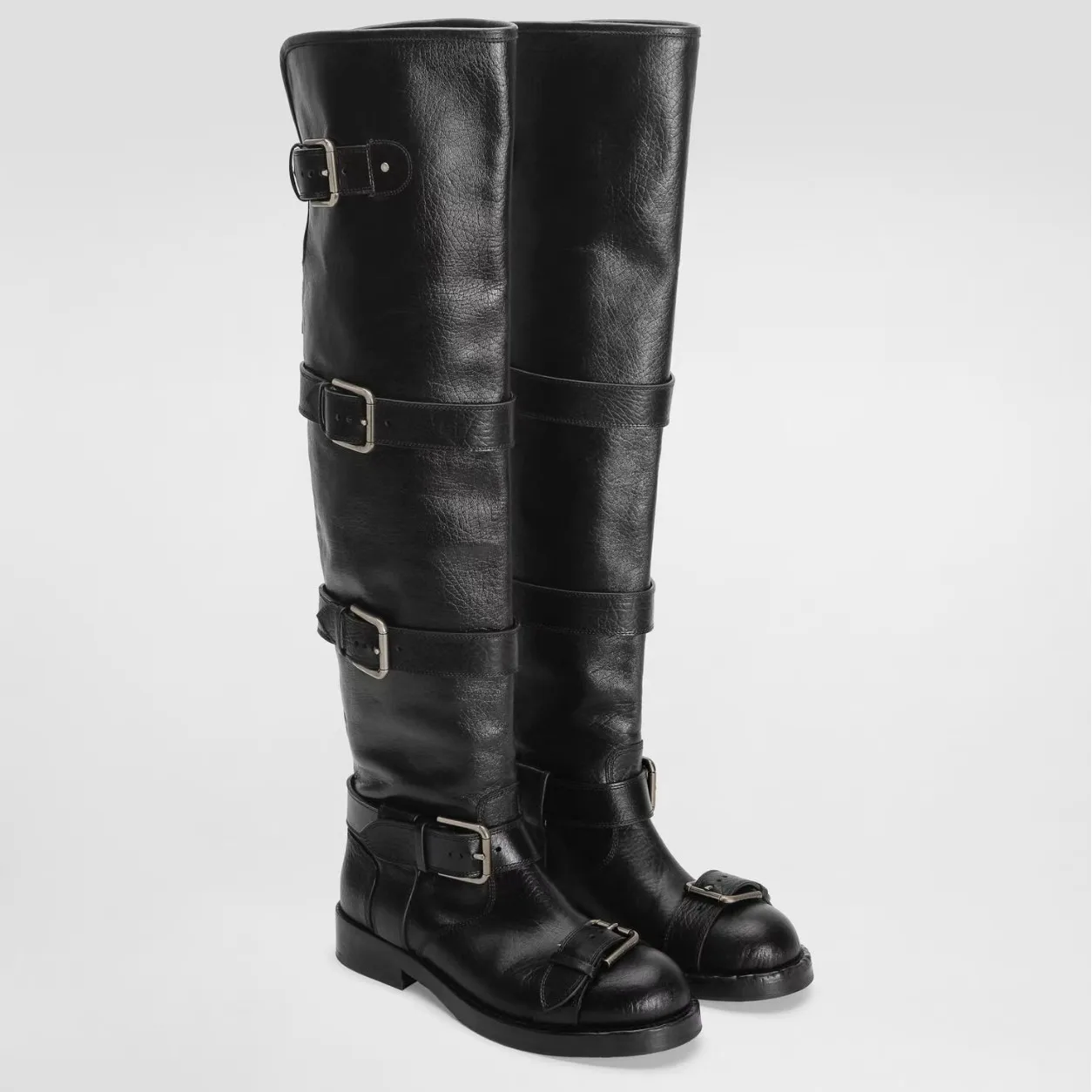 Punk Style Black Belt Buckle Round Toe Knee-High Platform Women Boots Chunky High Heels Back Zipper Design Large Size Shoes