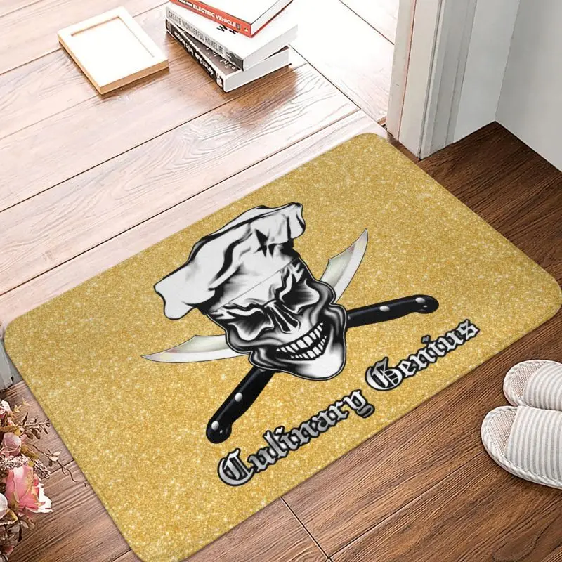 Culinary Genius Skull Chef Front Door Mat Anti-Slip Indoor Quick Dry Cooking Pirate Doormat Living Room Entrance Rug Carpet