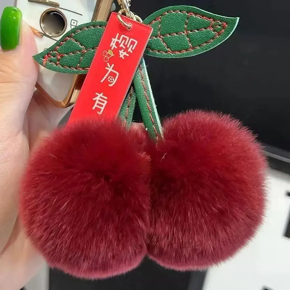Leuke pluizige Rex konijnenbont bal pompom blad sleutelhanger Cherry sleutelhanger hanger sleutelhanger ring pluizige Cherry knuffel sleutelhanger