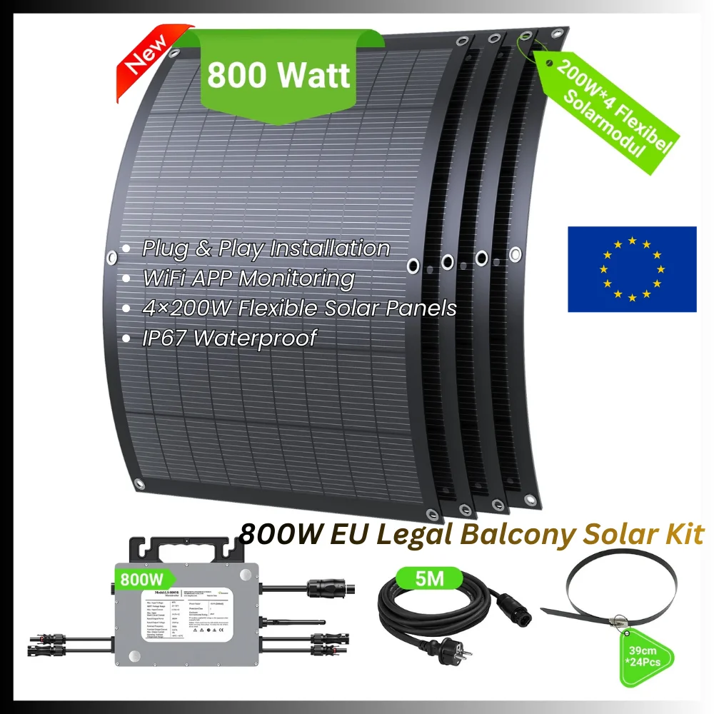 800W Balkon-Solarsystem-Set mit Mikro-Wechselrichter, 4×200W Flexible Solarmodule, Plug & Play, WLAN-App-Überwachung