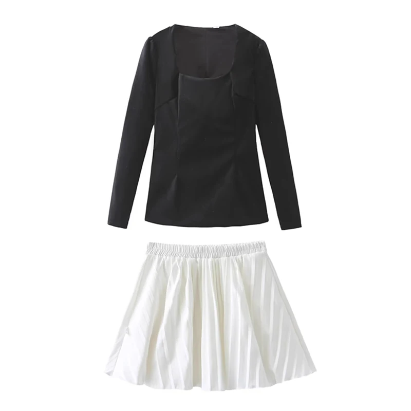 

Square Collar Long Sleeve Black Top And A-line Pleat Shirt Two Piece Set Short Skirt T-shirts Autumn Spring Female Outfits