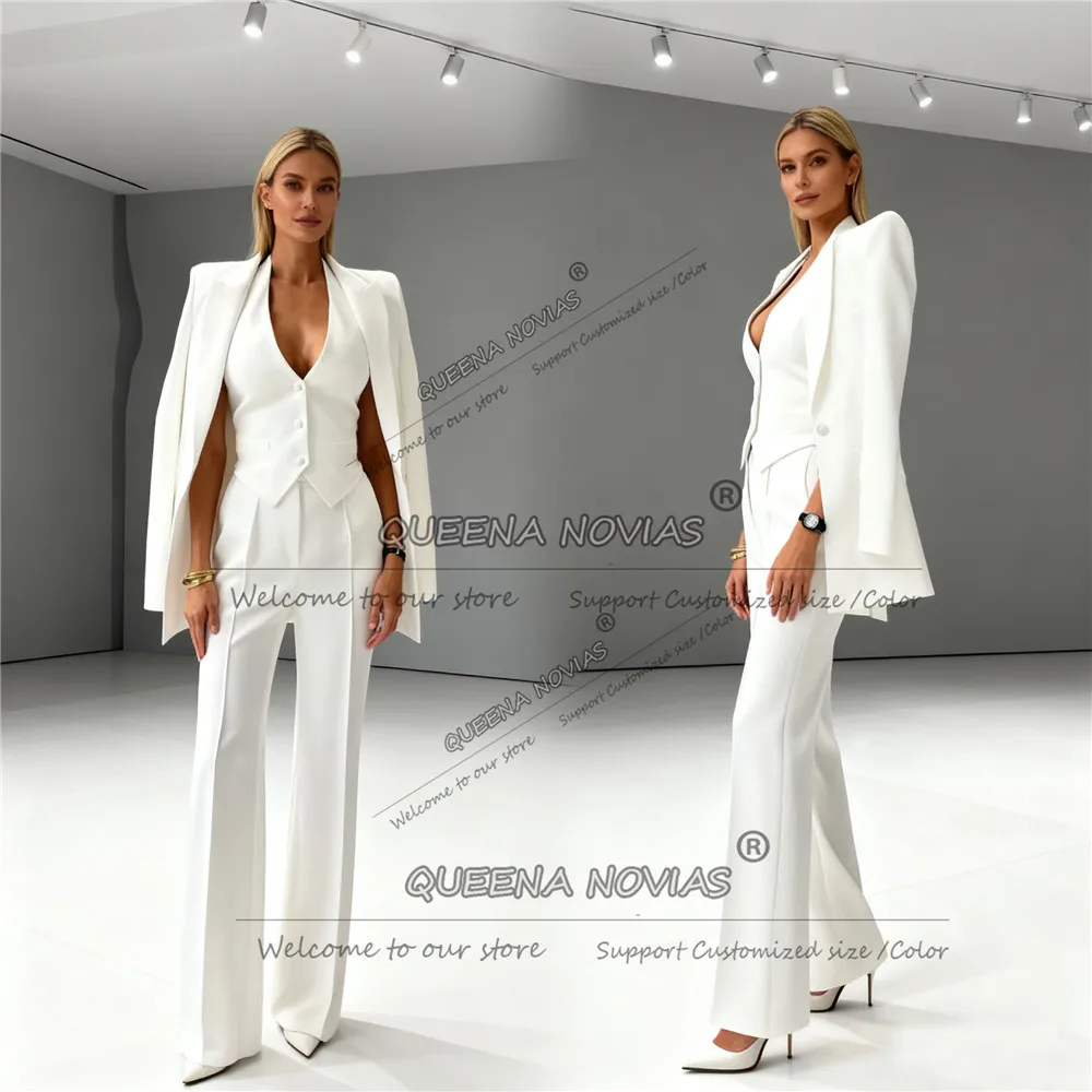 أنيقة الأبيض الصلبة النساء السراويل الدعاوى واحدة الصدر حفلة موسيقية الحلل مخصصة 3 قطعة مجموعات العروس الأم فستان الزفاف البدلات الرسمية #1