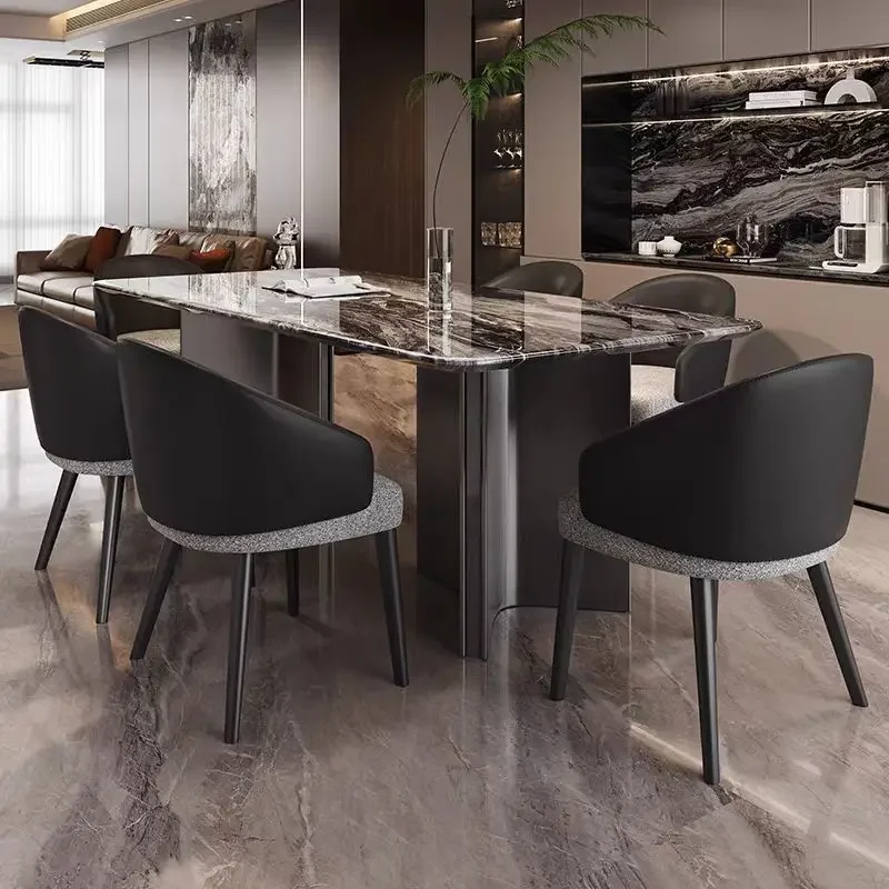 Modern Simple Marble Brown Rectangular Dining Table Compact Size Multi-Purpose Use Versatile Use No Assembly Required