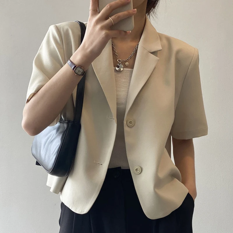 Suit Top Women\'s Thin Jacket Outerwears Casual Short Sleeve Blazers Solid Cotton Coats Korean Version Clothing Summer Topcoat