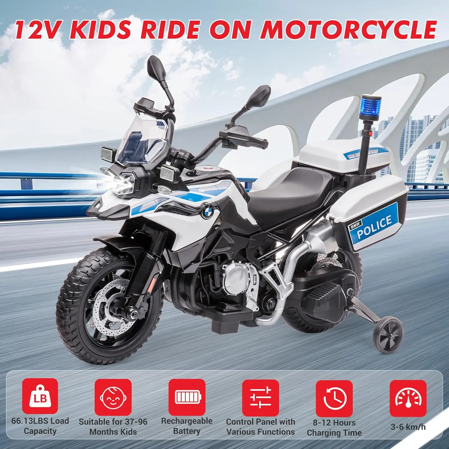 12V Kids Ride on Toy, Electric Police Motorcycle, 12V Motorbike with Adjustable Speed, 2LED Headlights, Music, Training Wheels, 2 Storage Boxes, Birthday Gift for Kids