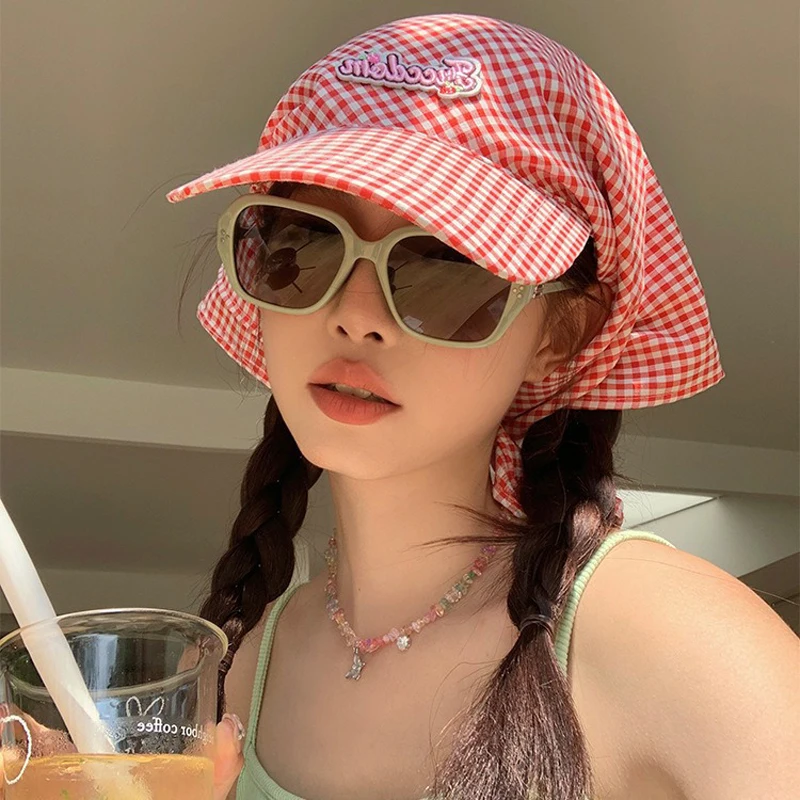 Women's Sunshade Hats Fashion Trendy Korean Style Versatile Headwears Outdoor Beach Head Scarfs Plaid Simple Sweet Personality