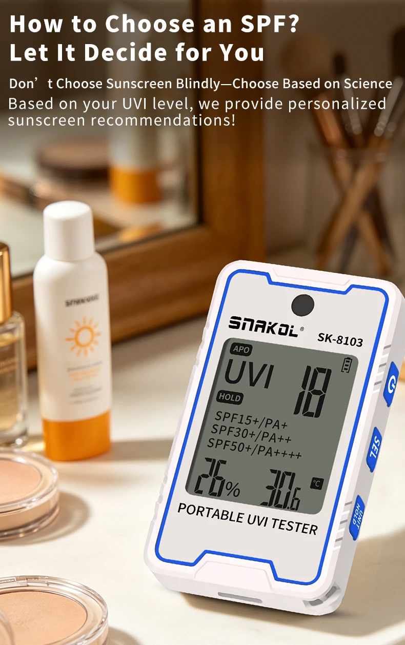 SNAKOL SK-8103 Digital UV Illuminometer Professional UV Light Meter Portable UV Tester Ultraviolet with Temp Humidity Display