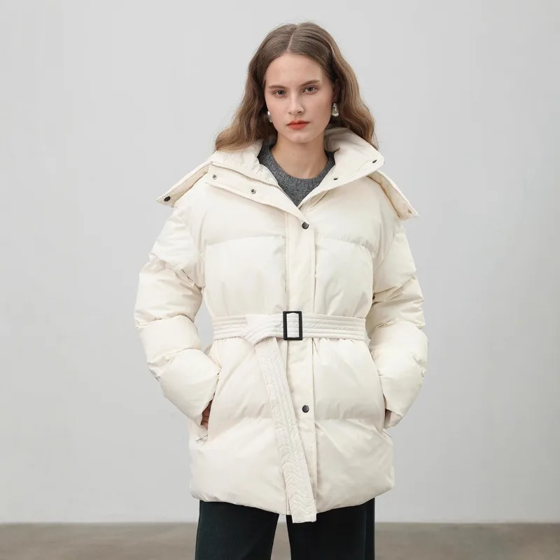 Hooded Quilted Jacket Warm Thickened Slim Zipper White Padded Cotton Coat with Belt Single Breasted Elegant Casual New Overcoats