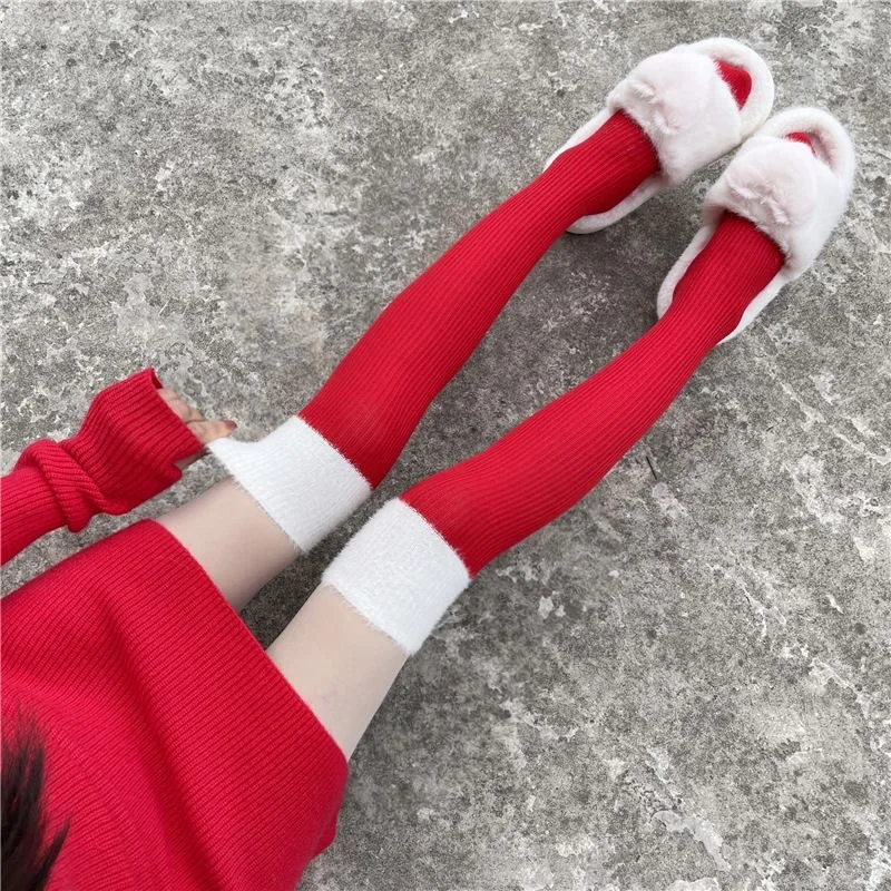 Women Christmas Thigh High Socks Red‑White Color Block Fluffy Knit Winter Warm Festival Cosplay Over‑Knee Socks For Girls