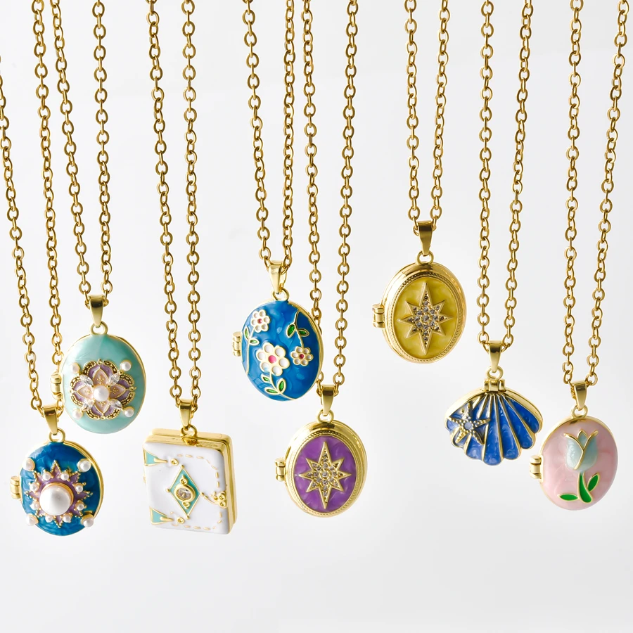 Vintage Enamel Openable Locket Gold Plated Flower Star Shell Tulip Book Photo Frame Pendant Necklaces For Women Jewelry Gift