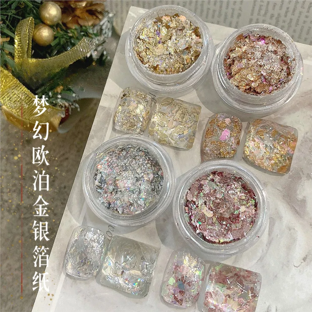 4병 반짝이는 골드 실버 포일 오팔 네일 글리터 플레이크 불규칙한 얼음 크리스탈 오팔 스팽글 요정 무지개 빛깔의 네일 장식 U4/