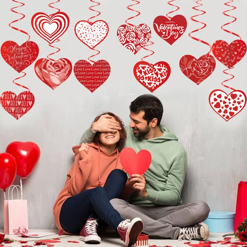 12 Uds. Colgante en espiral con letras rosas y corazón, decoración para fiesta de amor del Día de San Valentín 2025