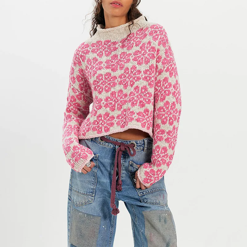 Retro Printed Cute Snowflake Knit Soft Pullover Sweater with Rolled Edge Round Neck Loose Long Sleeved Women's Autumn Sweater