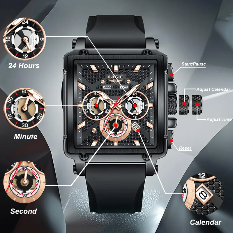 LIGE Casual Quartz Wristwatch Fashion Square Waterproof Men's Watches Outdoor Sports Silicone Strap Luminous Clock Montre Homme