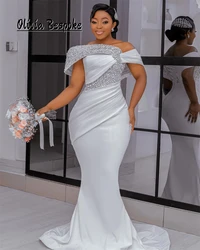 Glamouroso fora do ombro aso ebi sereia vestido de casamento frisado strass com trem destacável vestido de noiva africano personalizado