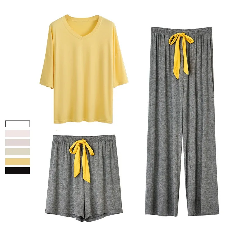 Conjunto de Pijama Modal Holgado para Mujer, Top de Manga Corta con Bloques de Color, Pantalones Largos - Ropa de Dormir Ligera para Primavera y Verano