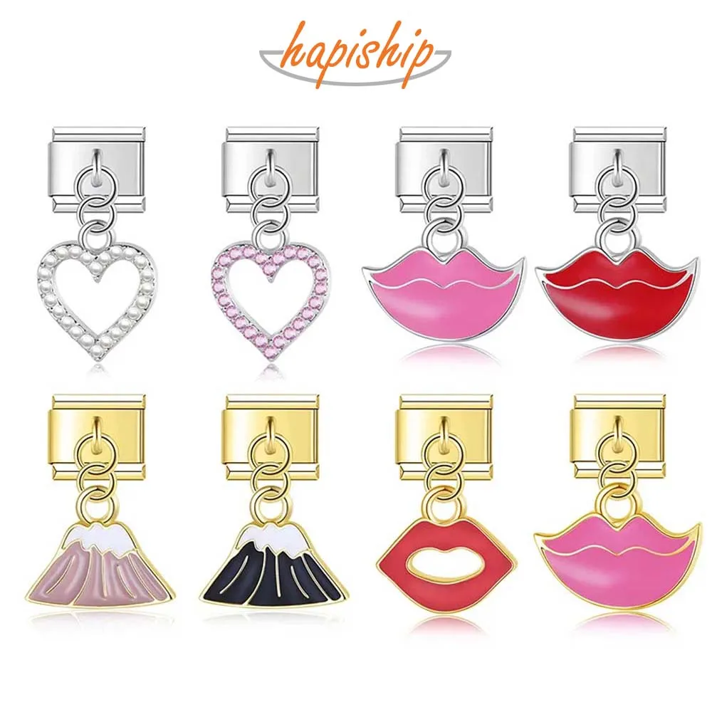 Hapiship 2023 Fashion New Top Romantic Heart Lip Charm Italian Links Fit 9mm Stainless Steel Bracelet DIY Jewelry DJ704