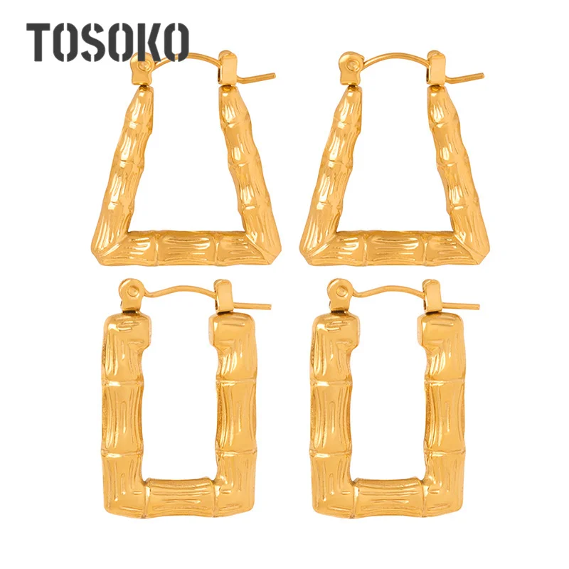 

TOSOKO Stainless Steel Jewelry Minimalist Gold-Plated Geometric Bamboo Earrings Versatile For Women BSF1217