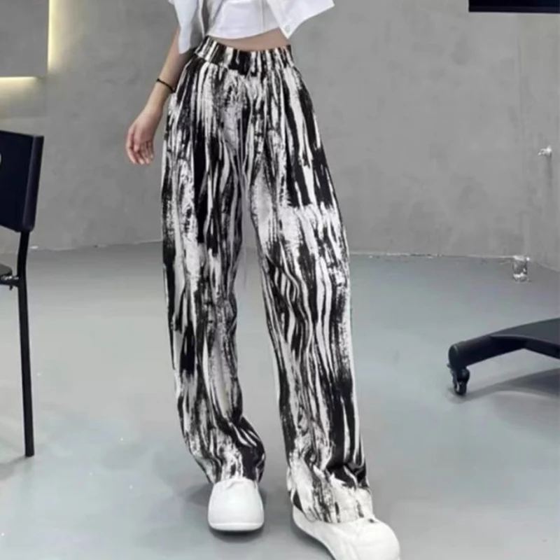 Women Korean Fashion Tie Dye Print Harajuku Y2K Wide Leg Pants Female High Waist Streetwear Straight Trousers Summer Pantalones