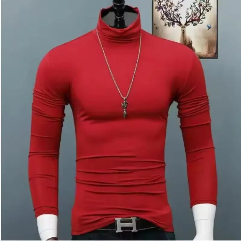 

Men's Classic Autumn Winter Turtleneck T-Shirt Dark Red Stretch Casual Turtleneck Top Plus Size Long Sleeve Tee Shirts Young Men