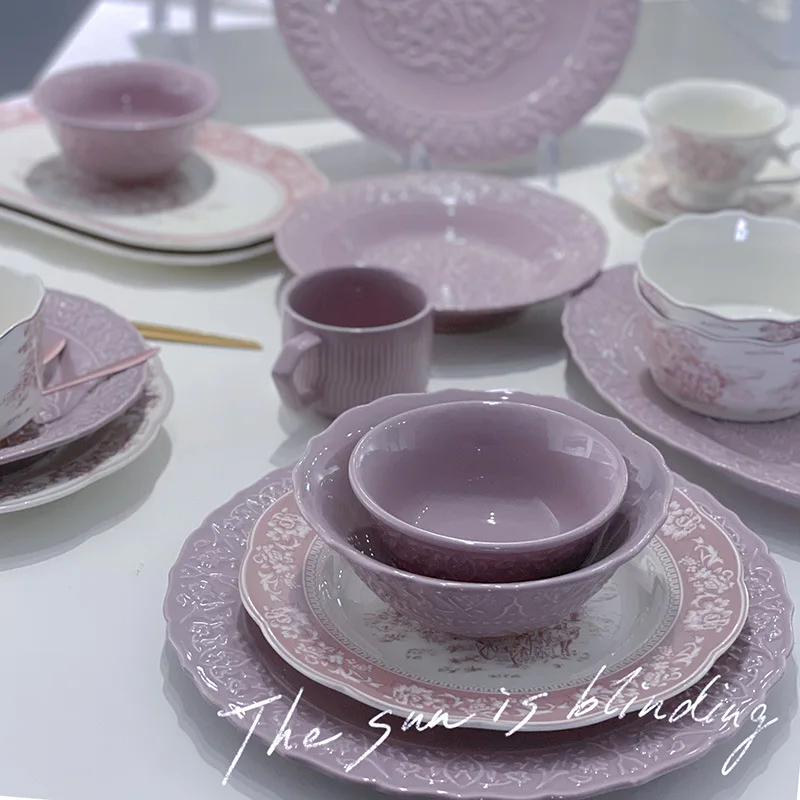 LingAo-Retro Mary Dark Purple Ceramic Bowl, Creative Plate, Saucer, Coffee Cup, Light cutlery