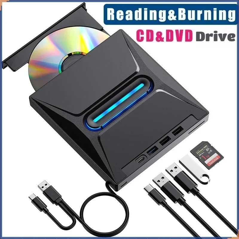 Gravador Externo de CD/DVD, Leitor de CD ROM, Unidade CD/DVD+/-RW, Leitor de Cartão SD, Hub para Laptop e Desktop, Gravador Blu-Ray
