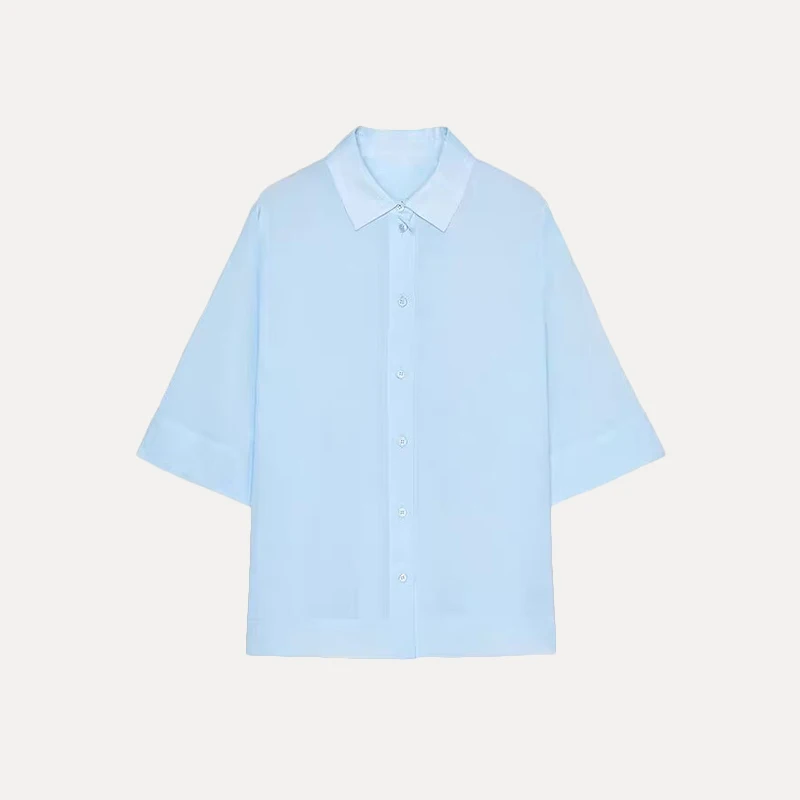 

Новинка! Женская летняя повседневная модная рубашка с коротким рукавом и воротником, свободного кроя, из полиэстера, для офиса и повседневной носки.