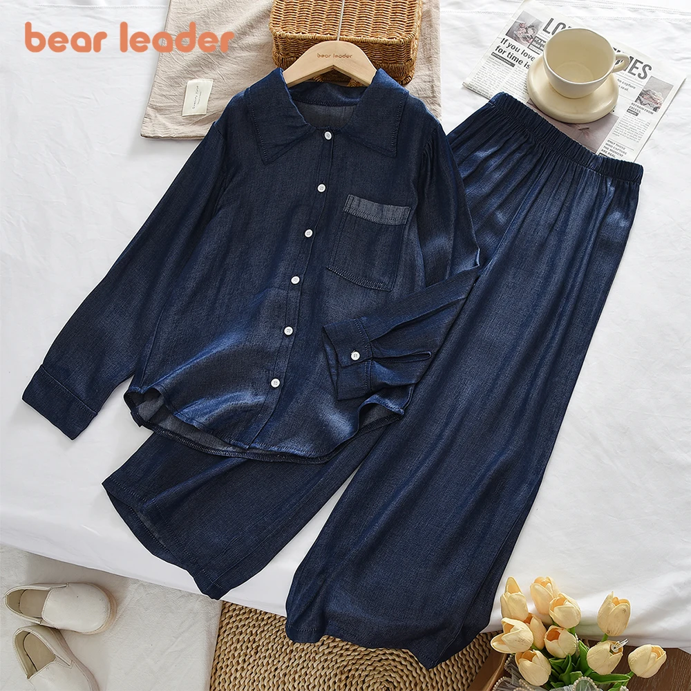 

Bear Leader Autumn Navy Teen Girl Clothes Long Sleeved Pocket Shirt Top + Pants Fashionable New Solid Color Children's Set
