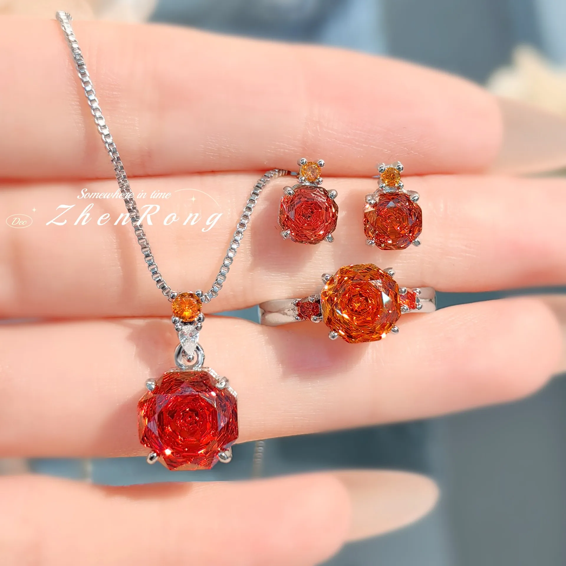 Exquisite and compact rose colorful necklace set with high carbon red earrings, colorful powder zircon ring for wome