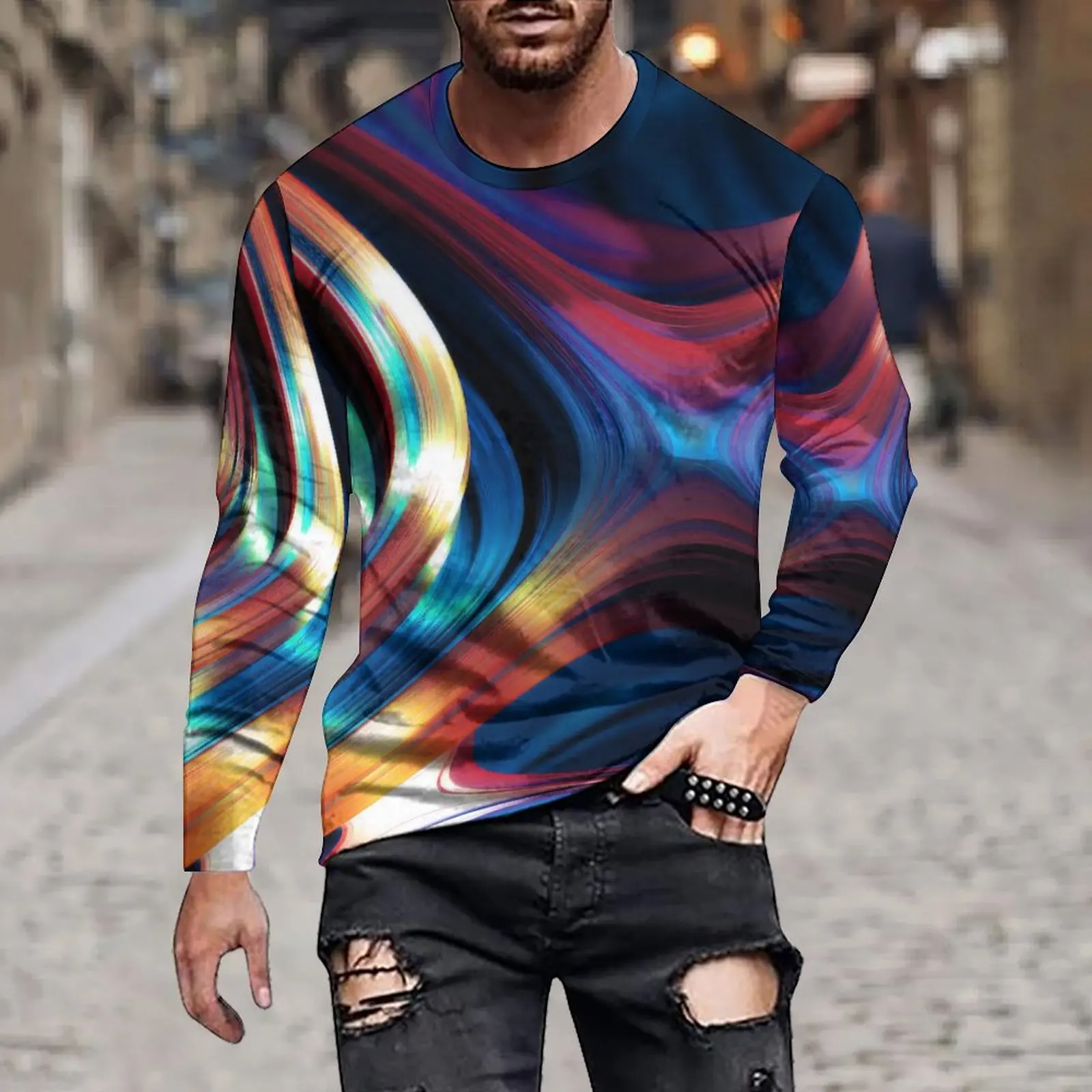 

Simple Spring And Autumn Men's Fashion Solid Color Simple Stripes Irregular Gradual Gradual Print Loose Casual Crewneck Hoodie