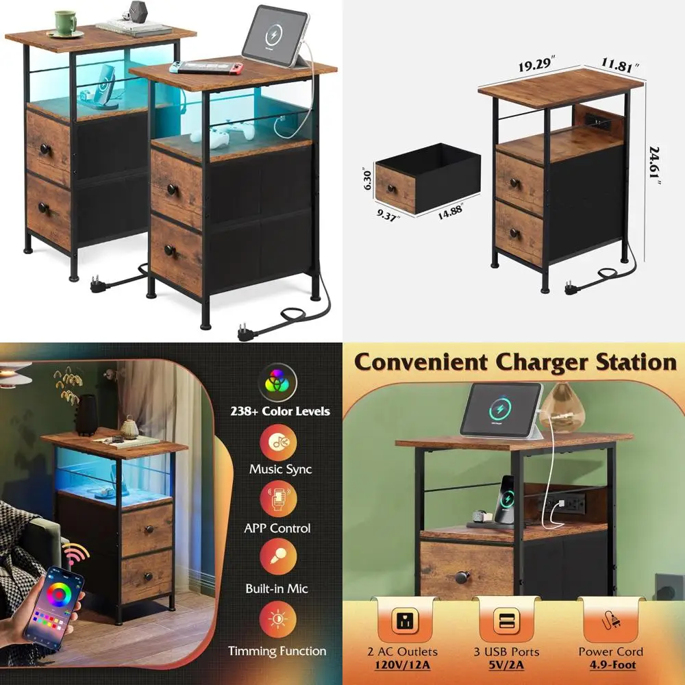 

LED-Illuminated 2-Piece Nightstand Set with Charging Station, Fabric Drawers, Open Shelf for Bedside Storage