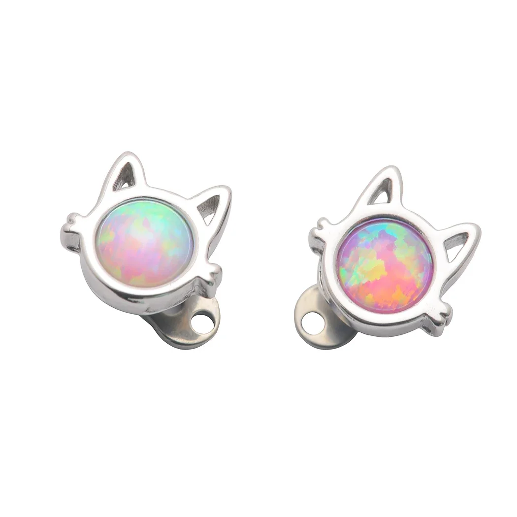 JHJT 1PC Cute Cat Micro Dermal Anchor Piercing Opal Micro Dermal Anchor Top G23 Titanium Body Jewelry