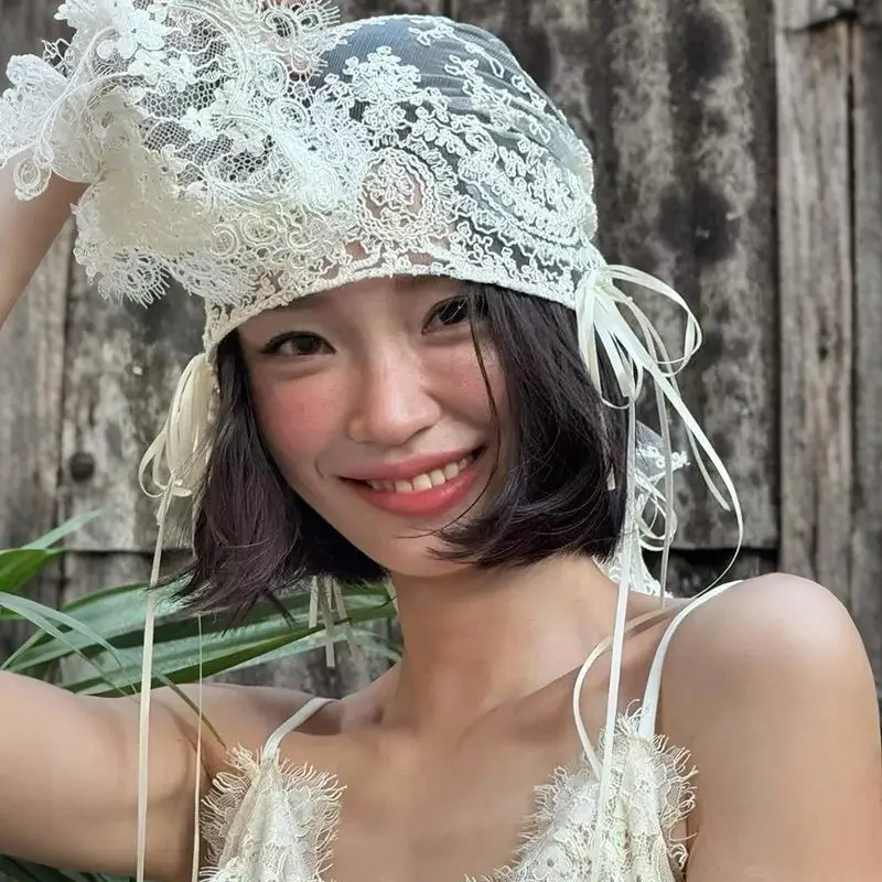 1Pcs French Style Elegant Embroidered Short  Bride Weeding Headwear Vintage Full Lace Bridal s With Bow Ribbon