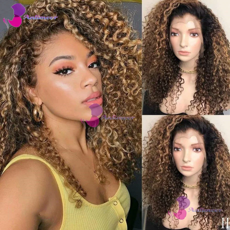 

Kinky Curly Human Hair Glueless 13x4 Silk Top Lace Front Wigs #4/27 Brown Blonde Highlight 13x6/360 Lace Front Human Hair Wigs