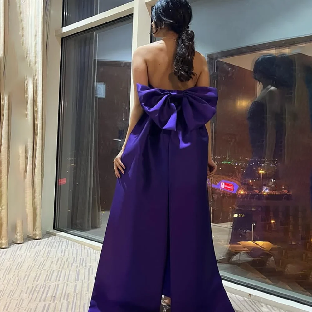 Suknia wieczorowa z fioletowego satyny na zamówienie, zdobiona koralikami, bez ramiączek, długa do podłogi, z odkrytymi plecami i kokardą, suknia na studniówkę, suknie na specjalne okazje.