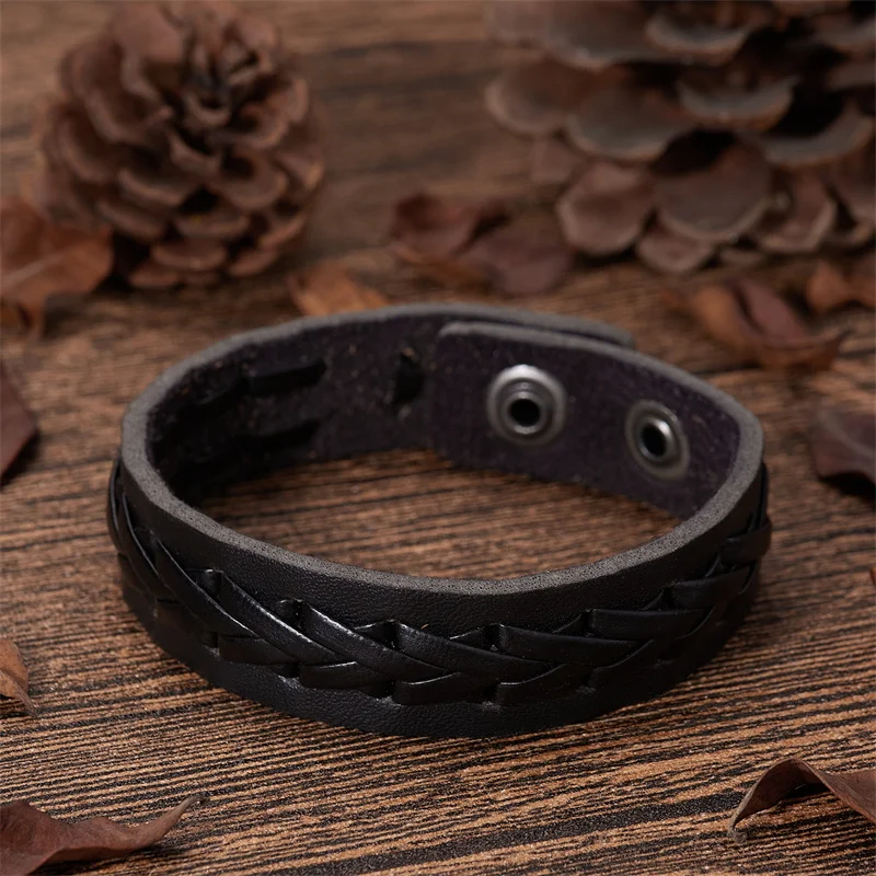 Vintage Black Brown Braided Wide Wrap Bracelets For Men Punk Buckle Leather Bracelet & Bangle Couple Wristband Jewelry Male Gift